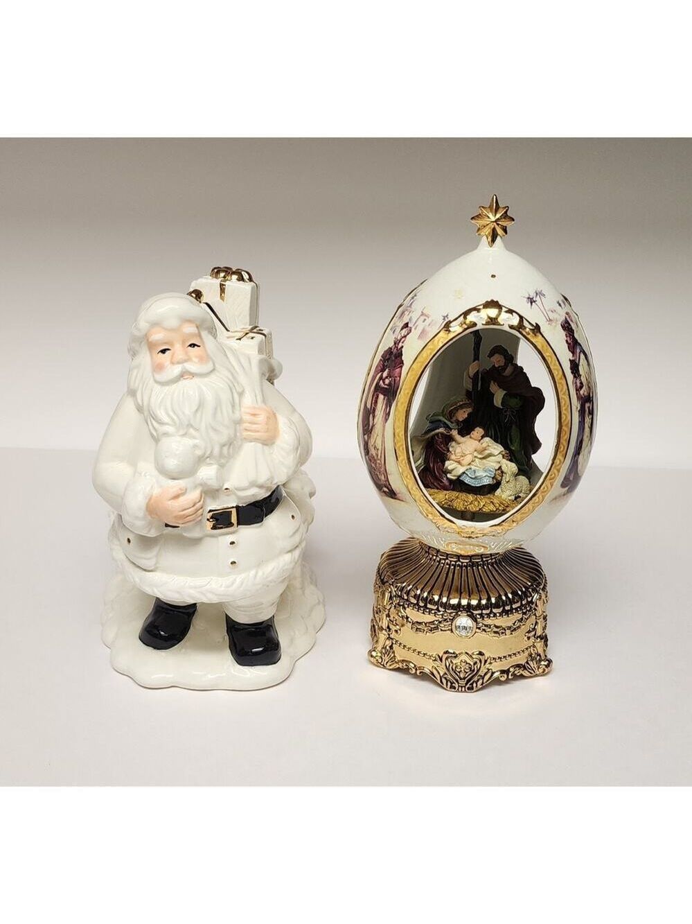 Home For The Holiday Porcelain Egg-Shaped Musical Box Revolving Nativity/Santa